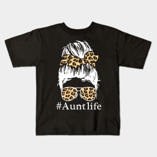 Leopard Aunties Aunt Life Cute Messy Bun Girl Aunt Kids T-Shirt